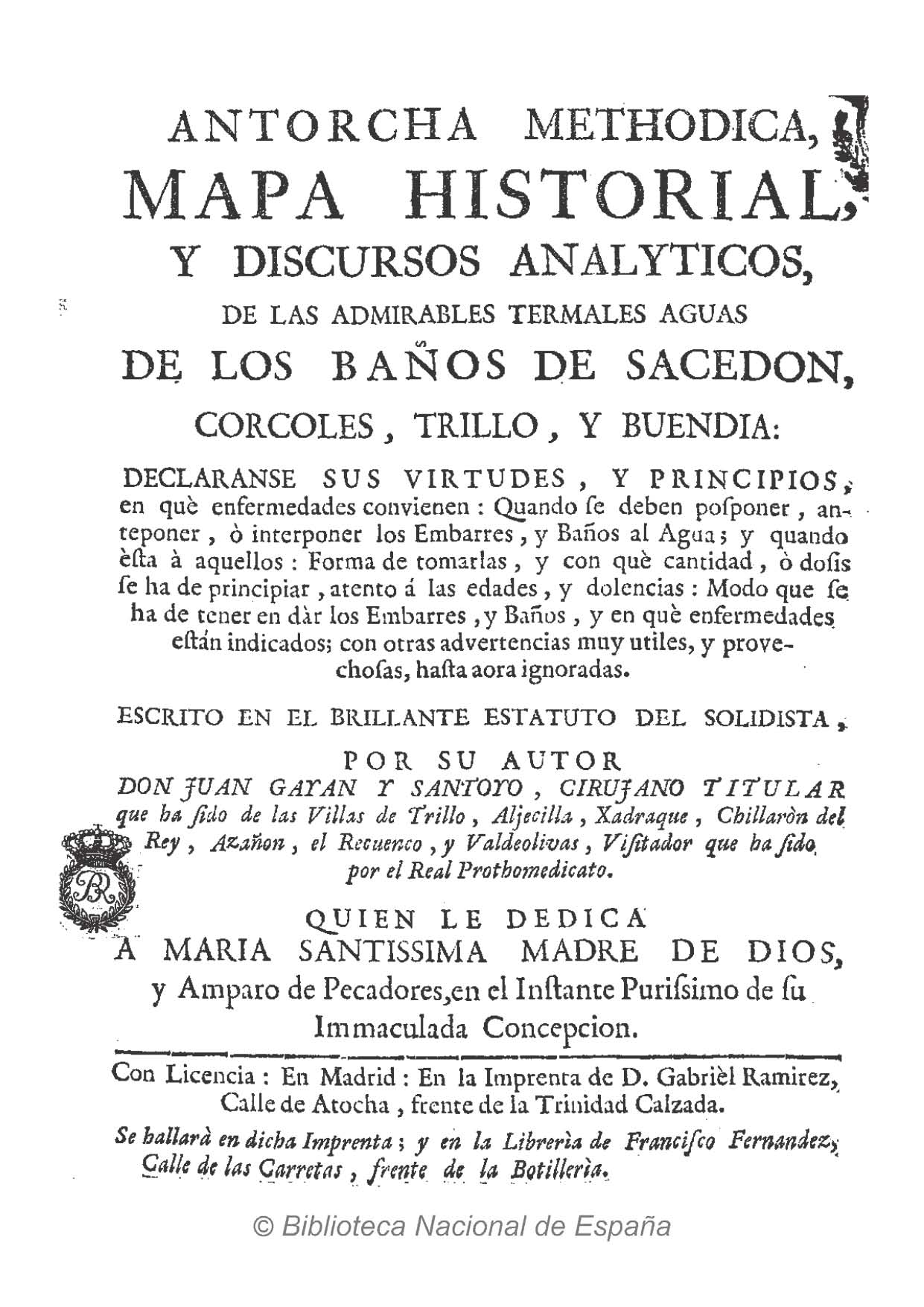 Portada del libro "Historia universal de las fuentes minerales de España" (1765)