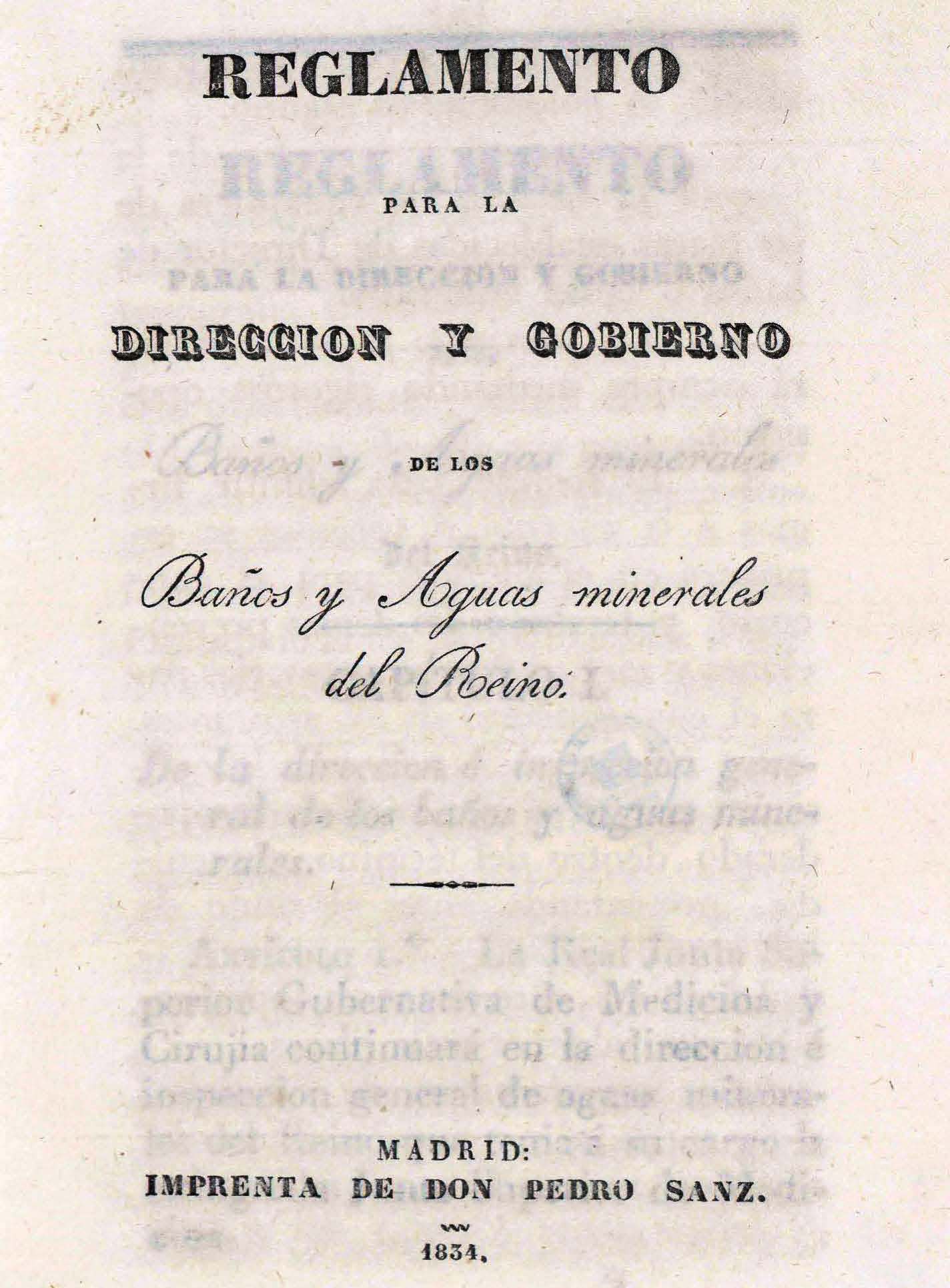 Portada del libro "Reglamento para la direccion y gobierno de los baños y aguas minerales del Reino" (1834)