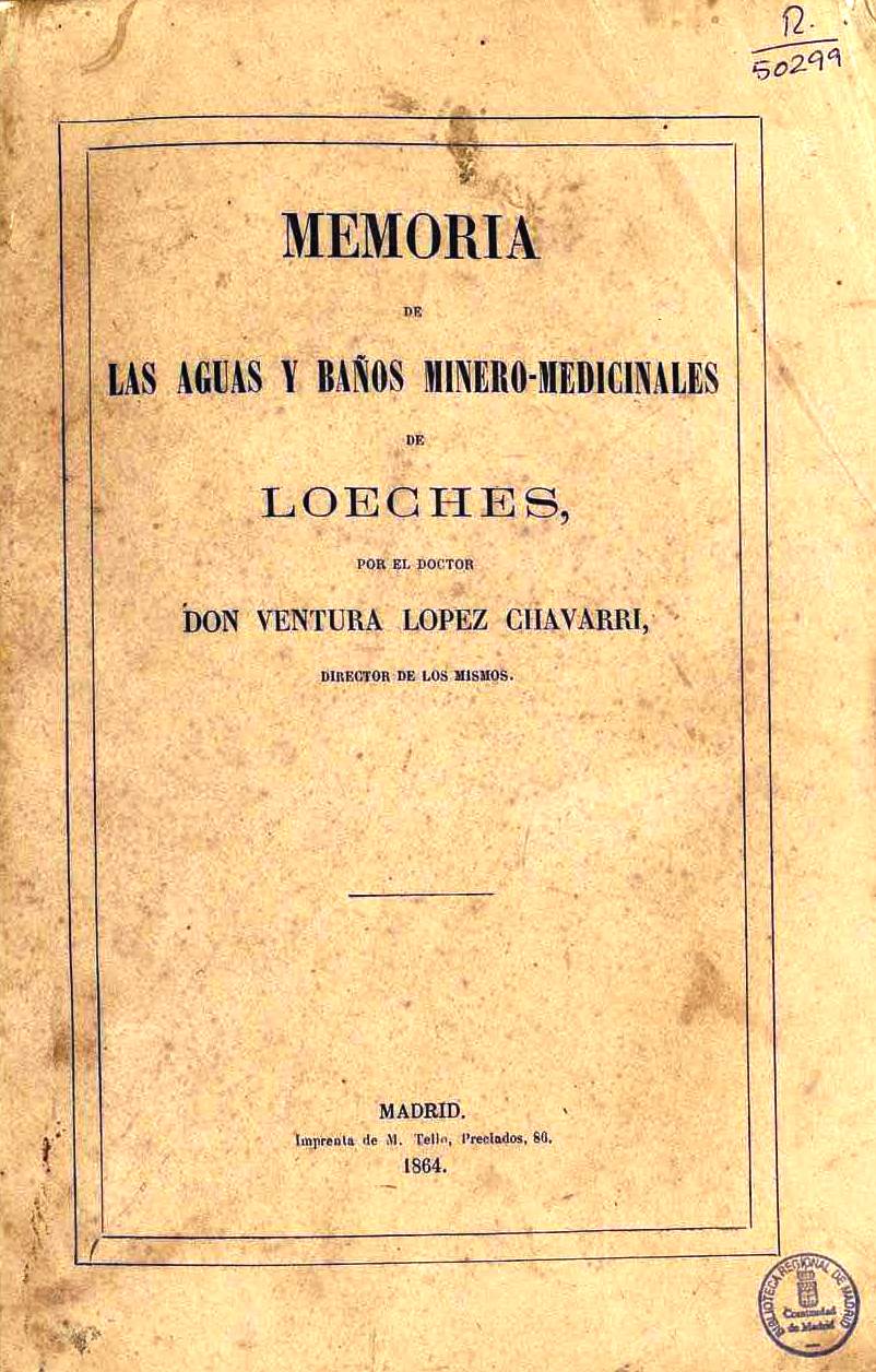Portada del libro "Memoria de las aguas y baños minero-medicinales de Loeches" (1864)