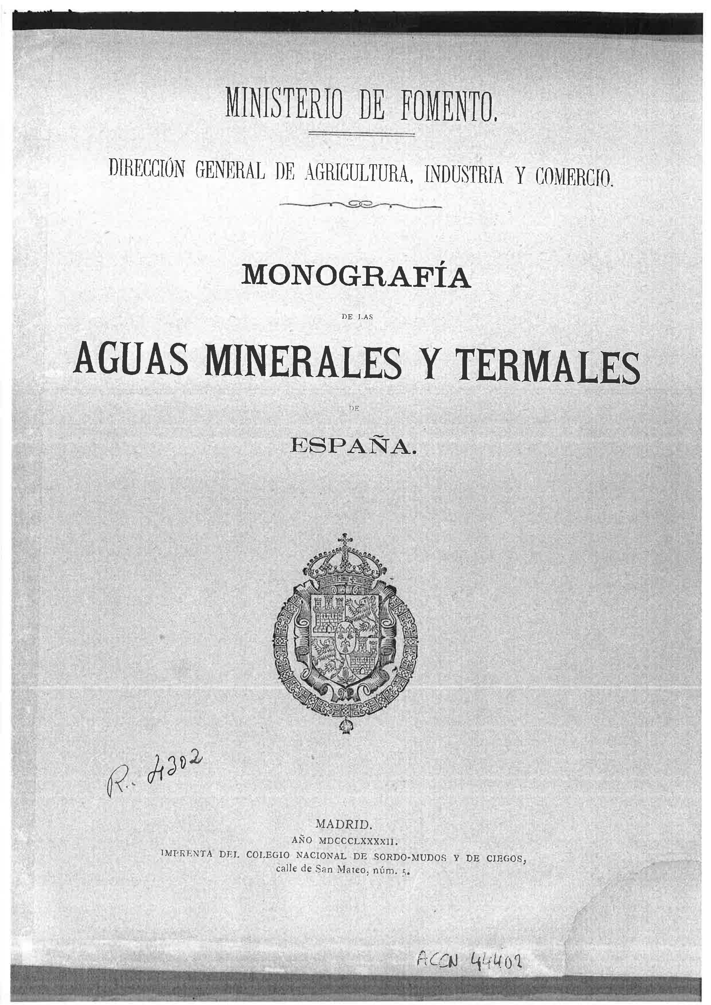 Portada del libro "Monografía de las aguas minerales y termales de España" (1892)