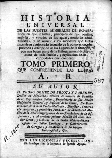 Portada del libro "Historia universal de las fuentes minerales de España" (1765)