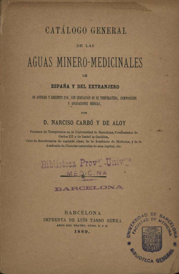 Portada del libro "Catálogo general de las aguas minero-medicinales de España y del extranjero" (1889)